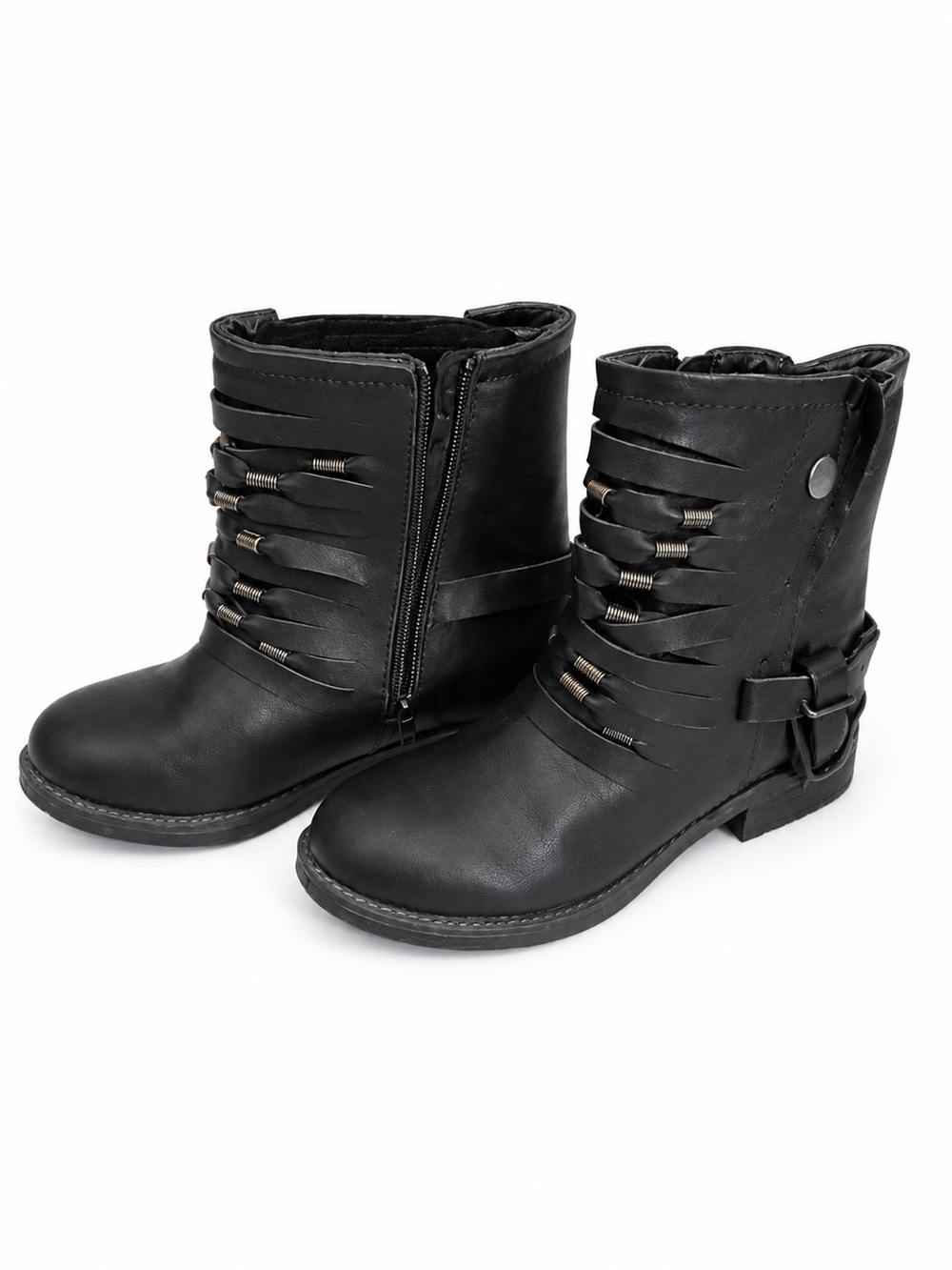 Coolway Womens Black Faux Leather Mid-Calf Boots with Decorative Straps